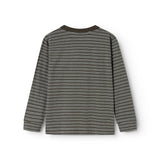 Striped blouse with long sleeves in dark gray and light stripes, round neckline.