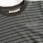 Striped blouse with long sleeves, round neckline, dark gray bottom with light thin stripes