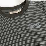 Striped blouse with long sleeves, round neckline, dark gray bottom with light thin stripes