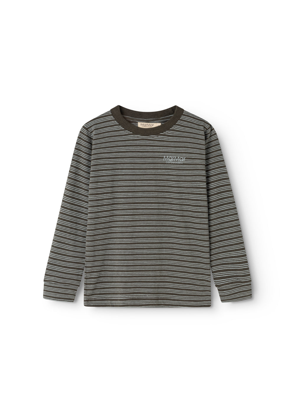 Striped blouse with long sleeves in dark gray and light stripes, round neckline.