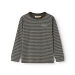 Striped blouse with long sleeves in dark gray and light stripes, round neckline.