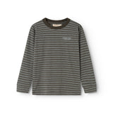Striped blouse with long sleeves in dark gray and light stripes, round neckline.