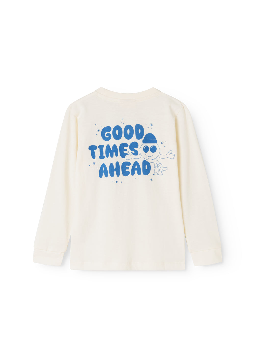 Long-sleeve blouse in cream with a large blue "Good Times Ahead" print on the back.