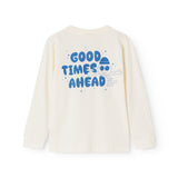 Long-sleeve blouse in cream with a large blue "Good Times Ahead" print on the back.