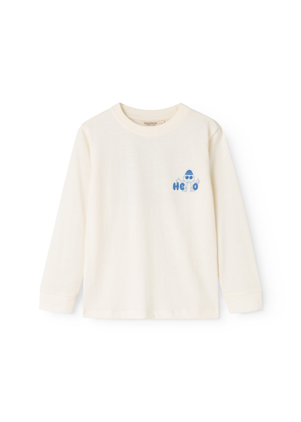 Long-sleeve blouse in cream with a blue "Hello" print on the chest.