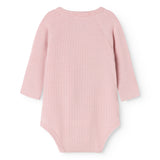 Pink long-sleeve bodystocking in rib knit with a round neck cutout