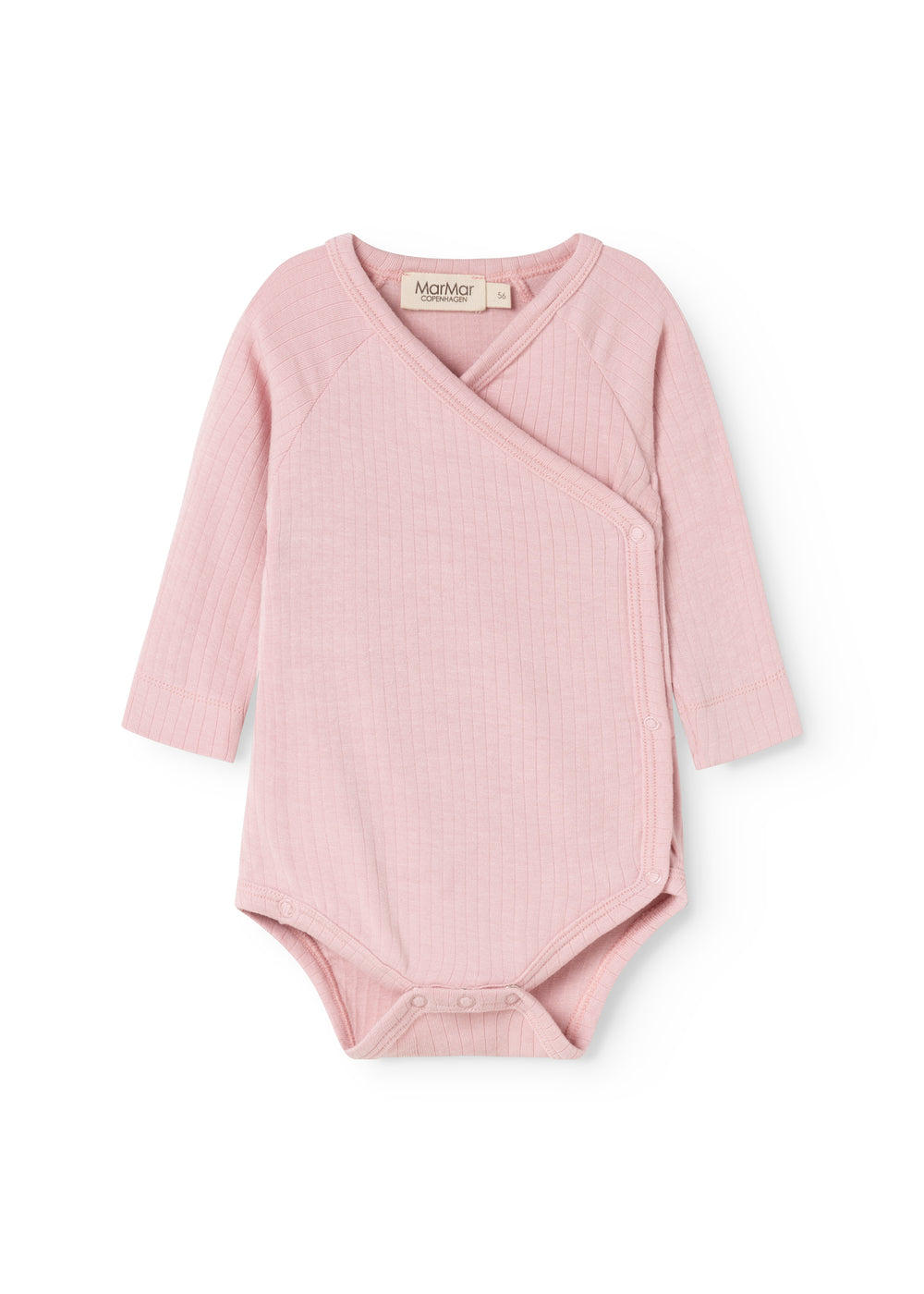Pink long-sleeve bodystocking in rib knit with wrap top and snap button closure.