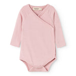 Pink long-sleeve bodystocking in rib knit with wrap top and snap button closure.