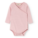Pink long-sleeve bodystocking in rib knit with wrap top and snap button closure.