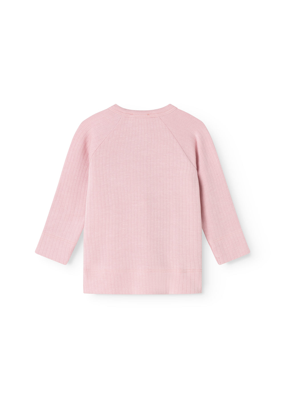 Pink long-sleeve blouse with round neck and solid striped fabric.