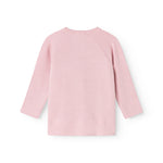 Pink long-sleeve blouse with round neck and solid striped fabric.