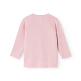 Pink long-sleeve blouse with round neck and solid striped fabric.