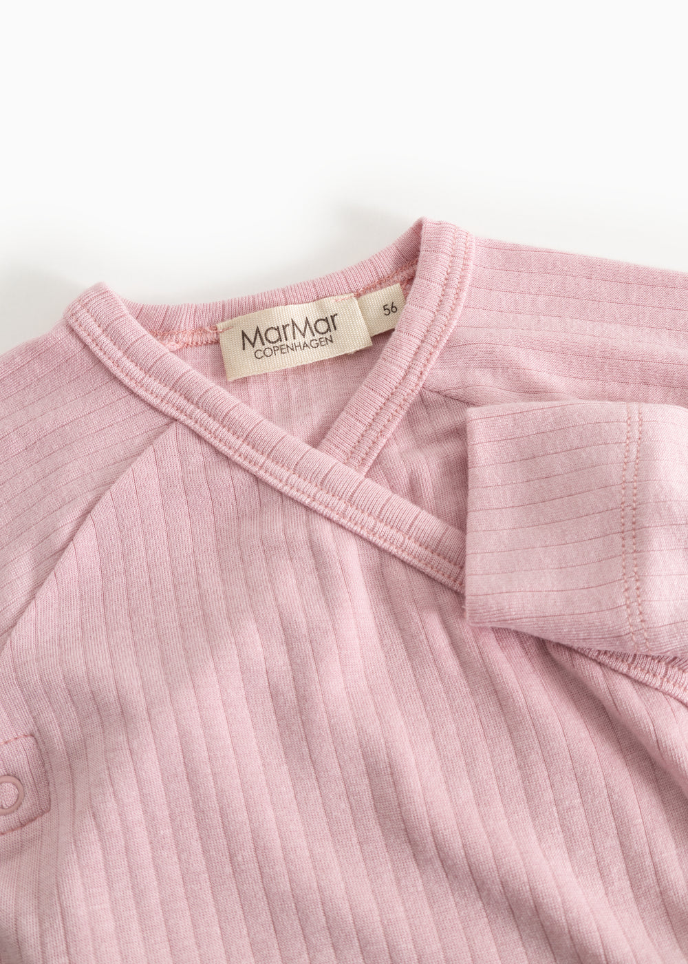 Pink long-sleeve blouse with wrap collar, visible stripes and MarMar Copenhagen brand.