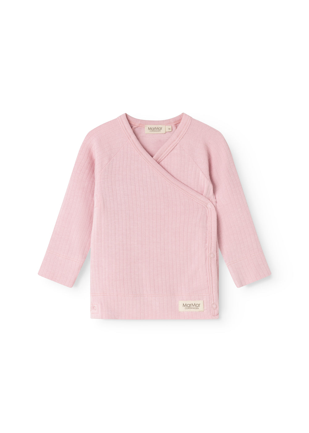 Pink long-sleeve blouse with wrap closure and V-neck.