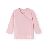Pink long-sleeve blouse with wrap closure and V-neck.