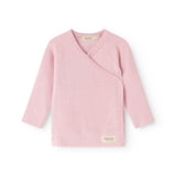 Pink long-sleeve blouse with wrap closure and V-neck.