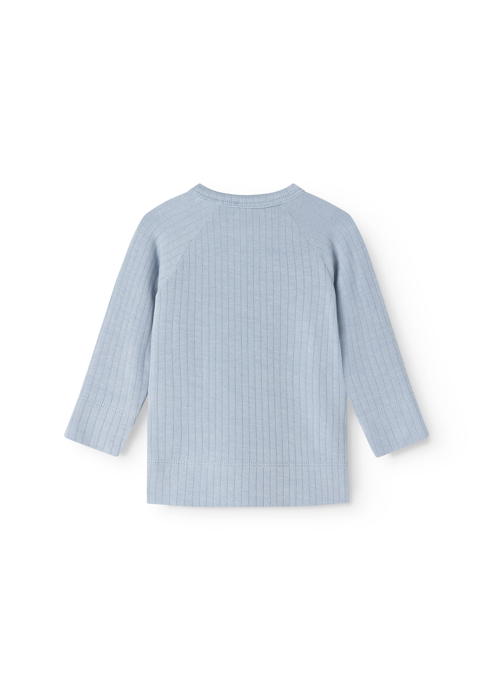 Light blue long-sleeve blouse with rib pattern, view from behind.