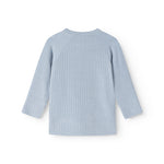 Light blue long-sleeve blouse with rib pattern, view from behind.