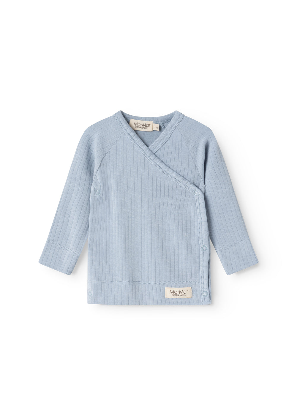 Light blue long-sleeve wrap blouse with V-neck and button closure