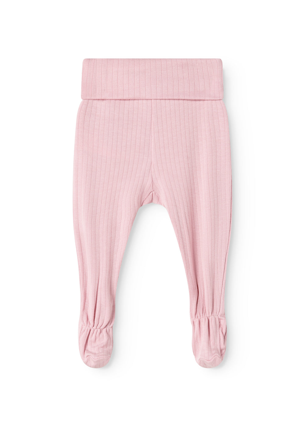 Pink baby pants with rib stripes, elastic ankles, and a comfortable loose fit.