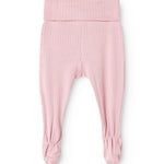 Pink baby pants with rib stripes, elastic ankles, and a comfortable loose fit.