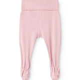 Pink baby pants with rib stripes, elastic ankles, and a comfortable loose fit.