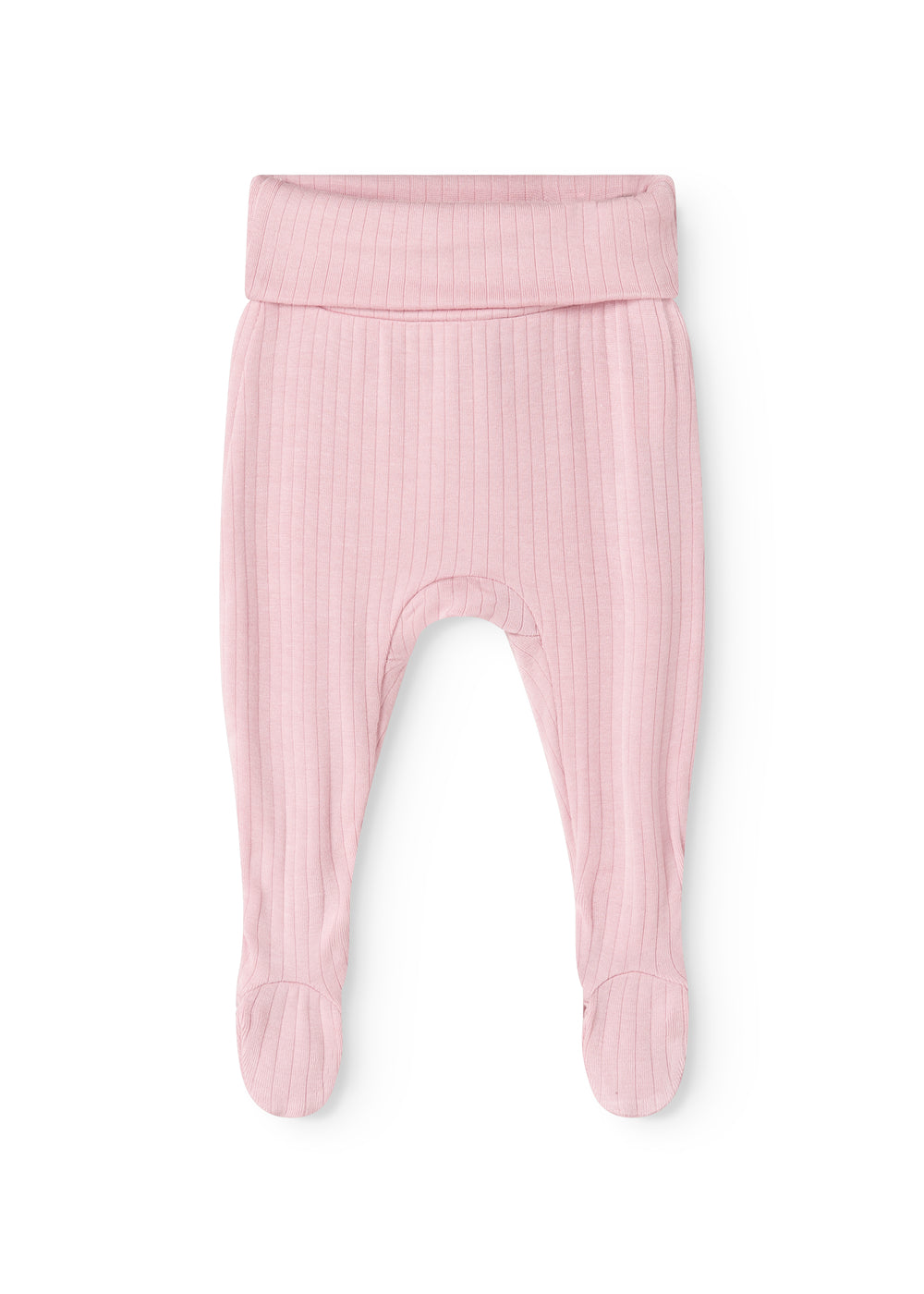 Pink baby pants in ribbed patterned fabric with elastic at the waist and leg cuffs.