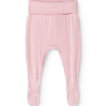 Pink baby pants in ribbed patterned fabric with elastic at the waist and leg cuffs.