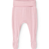 Pink baby pants in ribbed patterned fabric with elastic at the waist and leg cuffs.