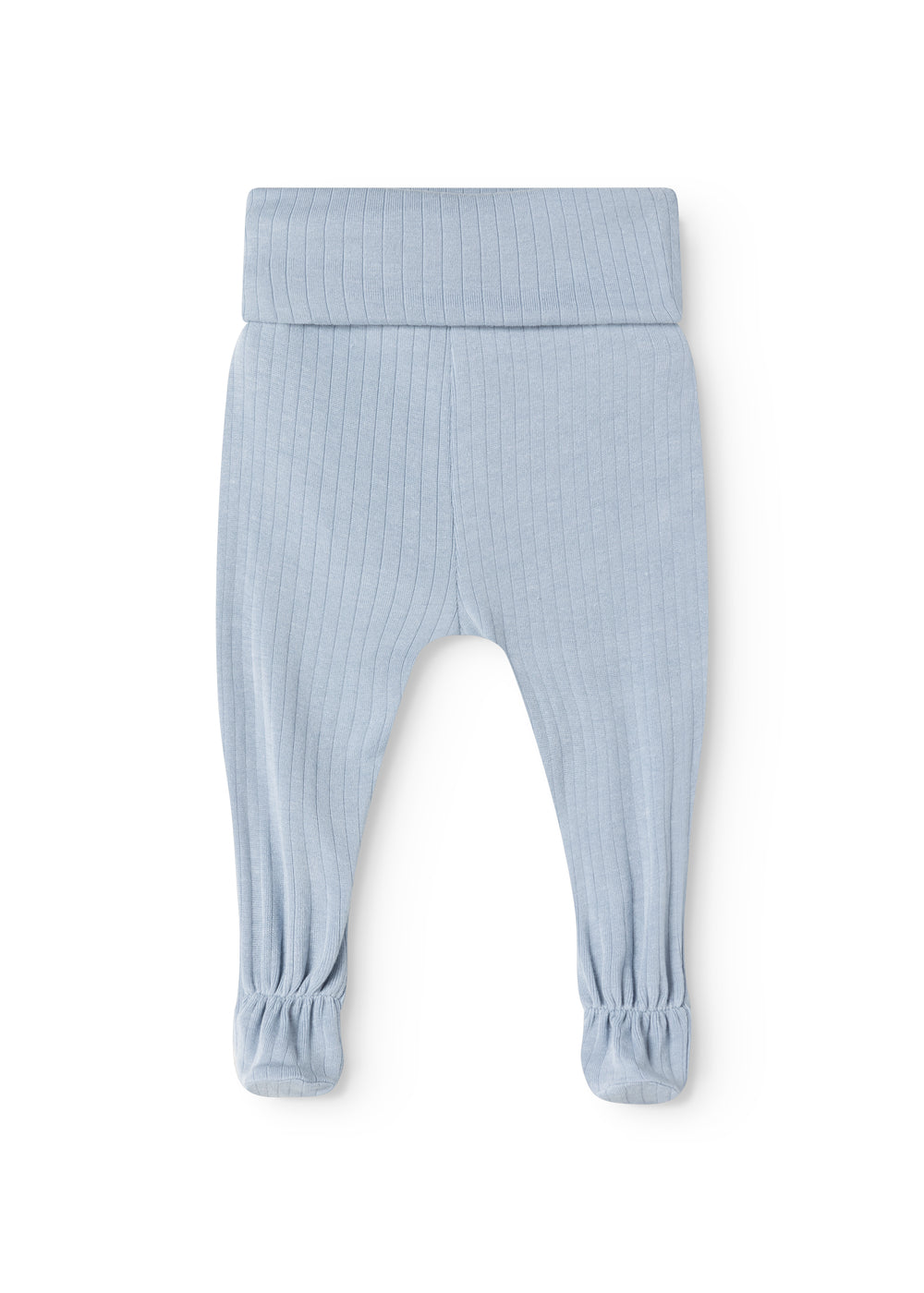 Light blue baby pants in rib knit with elastic at the leg openings.