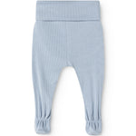 Light blue baby pants in rib knit with elastic at the leg openings.