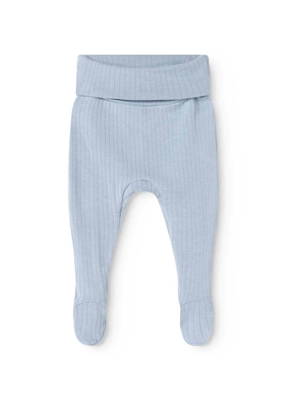 Light blue baby pants in rib knit with elastic waistband and legs.