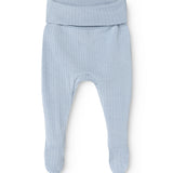 Light blue baby pants in rib knit with elastic waistband and legs.