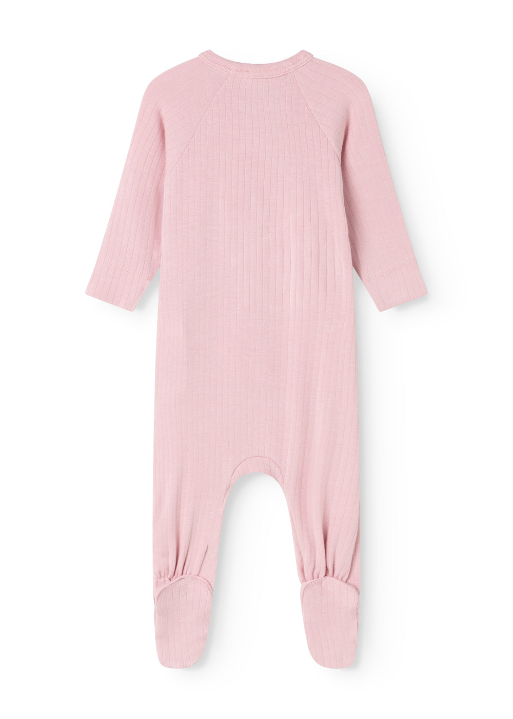 Pink jumpsuit with long sleeves and foot cuffs, seen from behind.