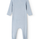 Light blue jumpsuit with long sleeves and long legs, ribbed fabric.