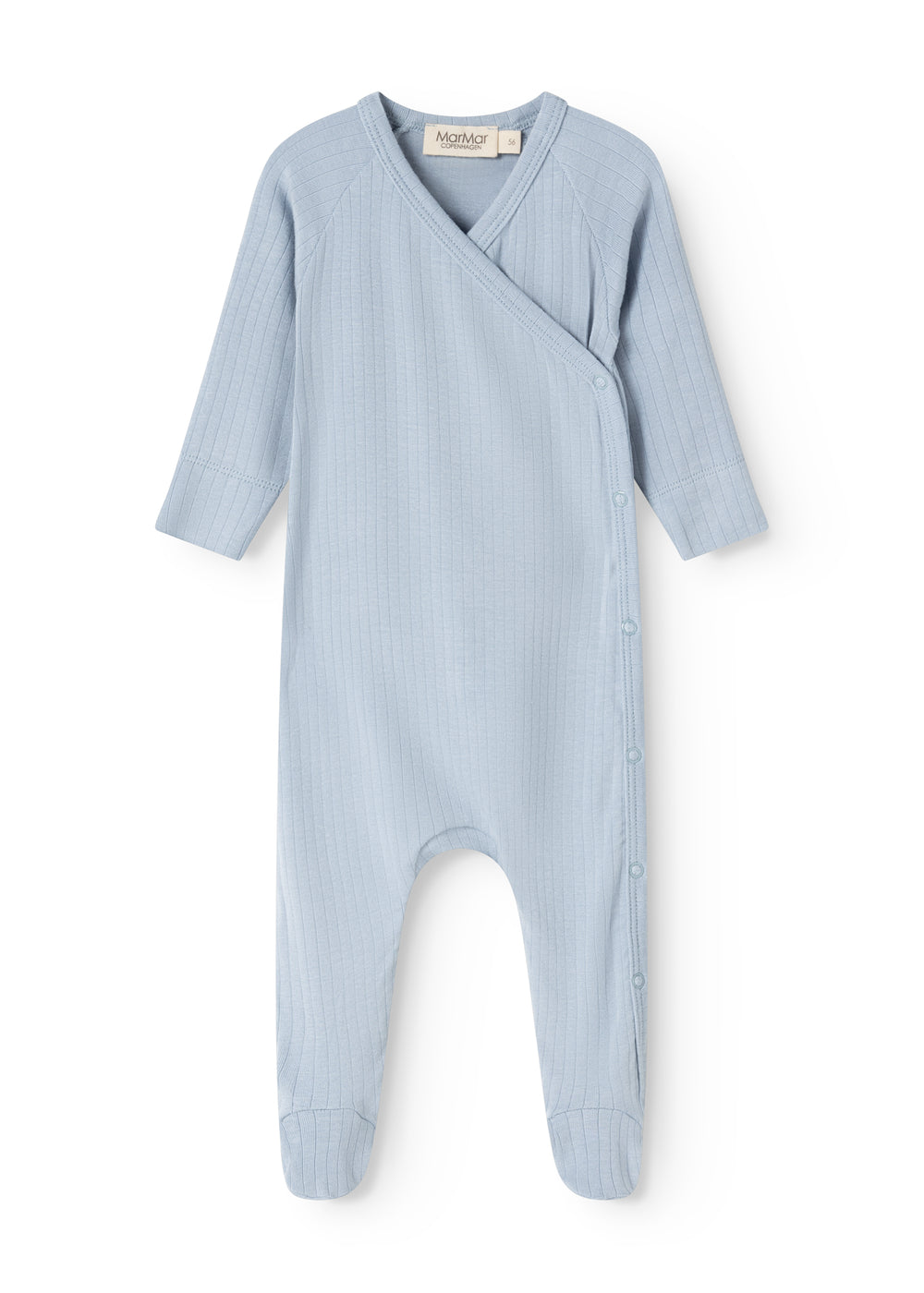 Light blue baby jumpsuit with a fold-over collar and front button closure, long sleeves.