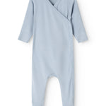 Light blue baby jumpsuit with a fold-over collar and front button closure, long sleeves.