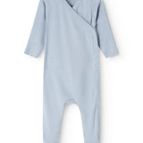 Light blue baby jumpsuit with a fold-over collar and front button closure, long sleeves.