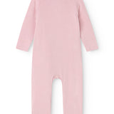 Pink dress with round neck and long sleeves, side cutout.