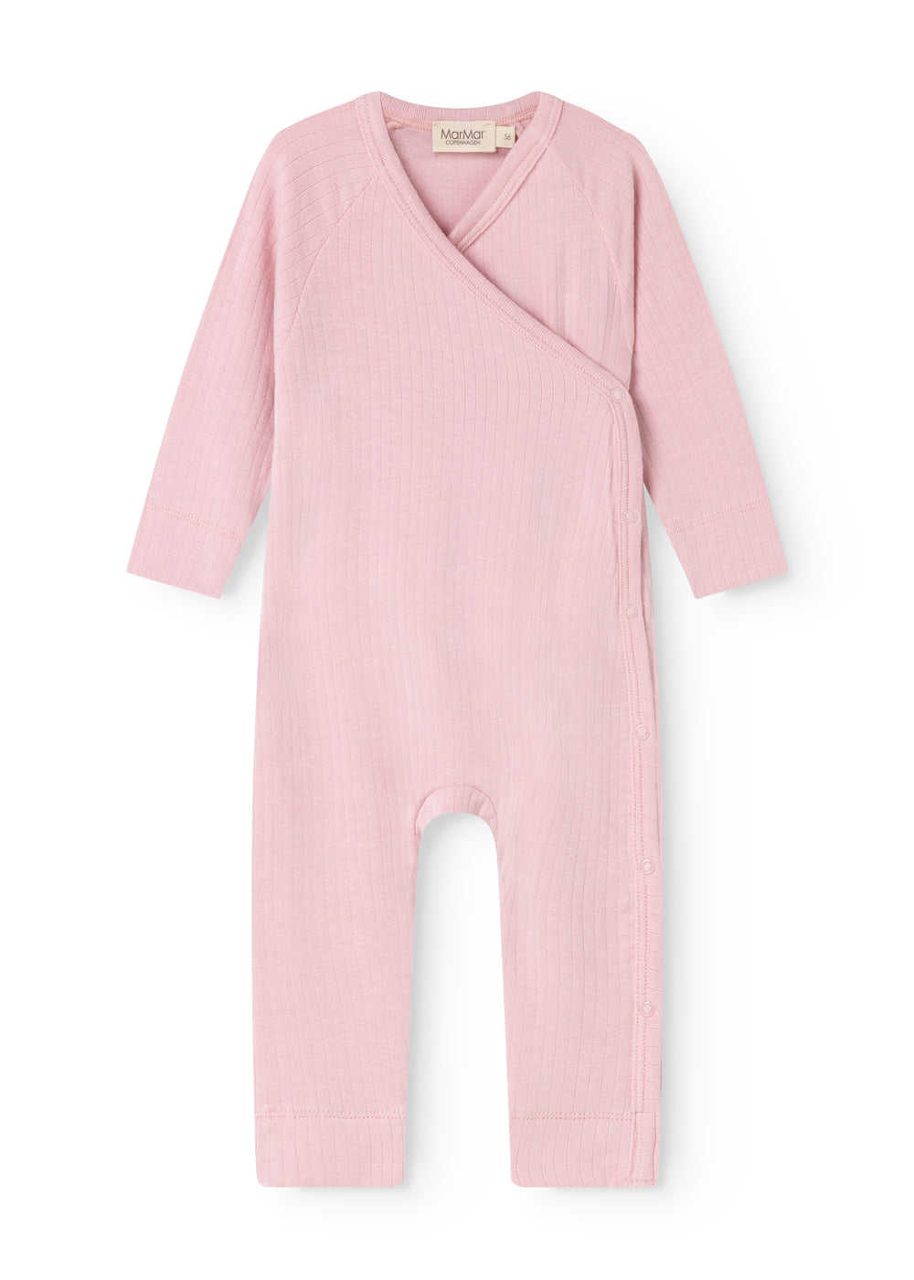 Pink jumpsuit with wrap top, long sleeves and legs with cutout.