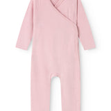 Pink jumpsuit with wrap top, long sleeves and legs with cutout.