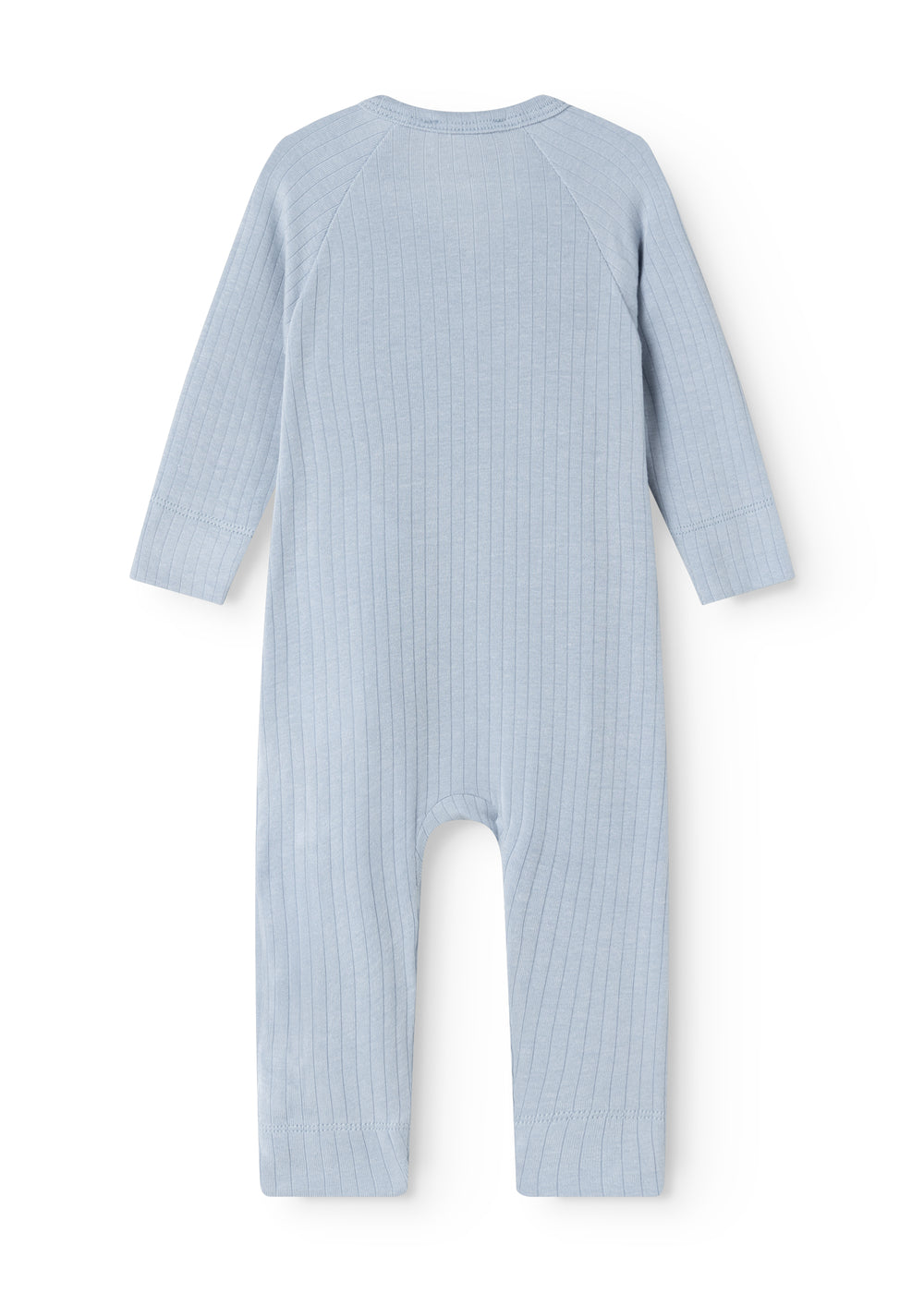 Light blue jumpsuit with long sleeves and legs and ribbed texture seen from behind.