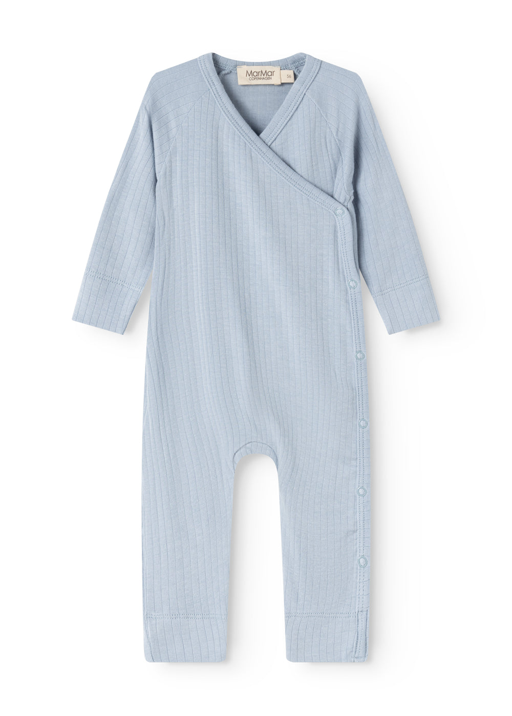 Light blue jumpsuit with wrap top, ribbed texture and front button closure.