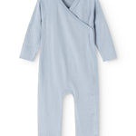Light blue jumpsuit with wrap top, ribbed texture and front button closure.