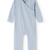 Light blue jumpsuit with wrap top, ribbed texture and front button closure.