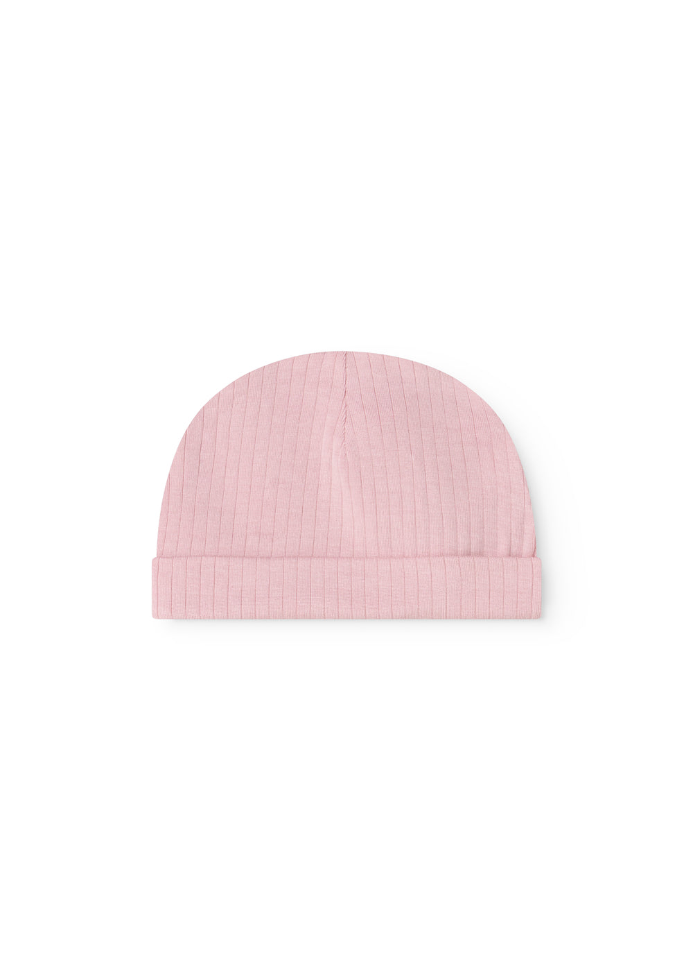 Pink ribbed baby hat with wide brim and rounded top