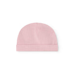 Pink ribbed baby hat with wide brim and rounded top