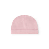 Pink ribbed baby hat with wide brim and rounded top