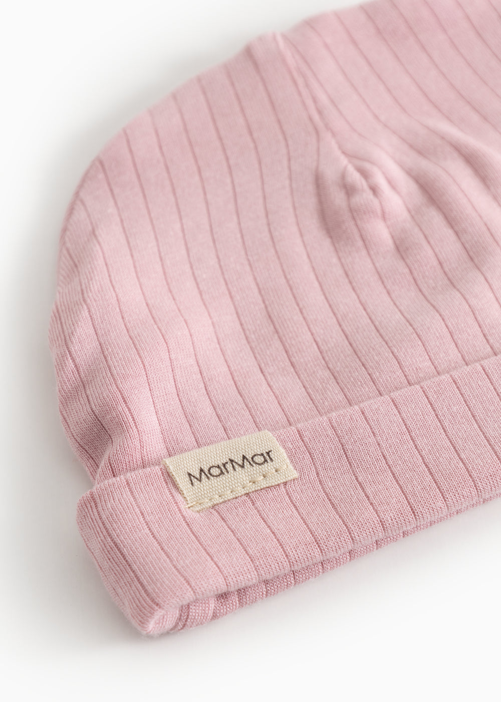 Pink ribbed baby hat with MarMar brand