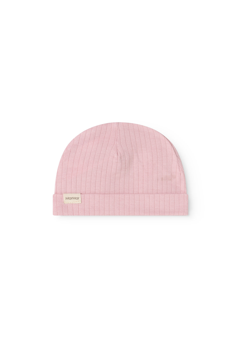 Pink baby hat in rib knit with a small tag on the side